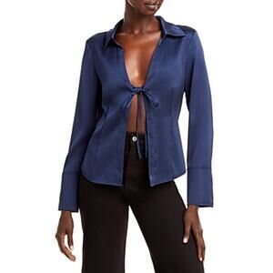 Jonathan Simkhai Satana Navy Blue Silk Satin Tie Front Long Sleeve Shirt Top S